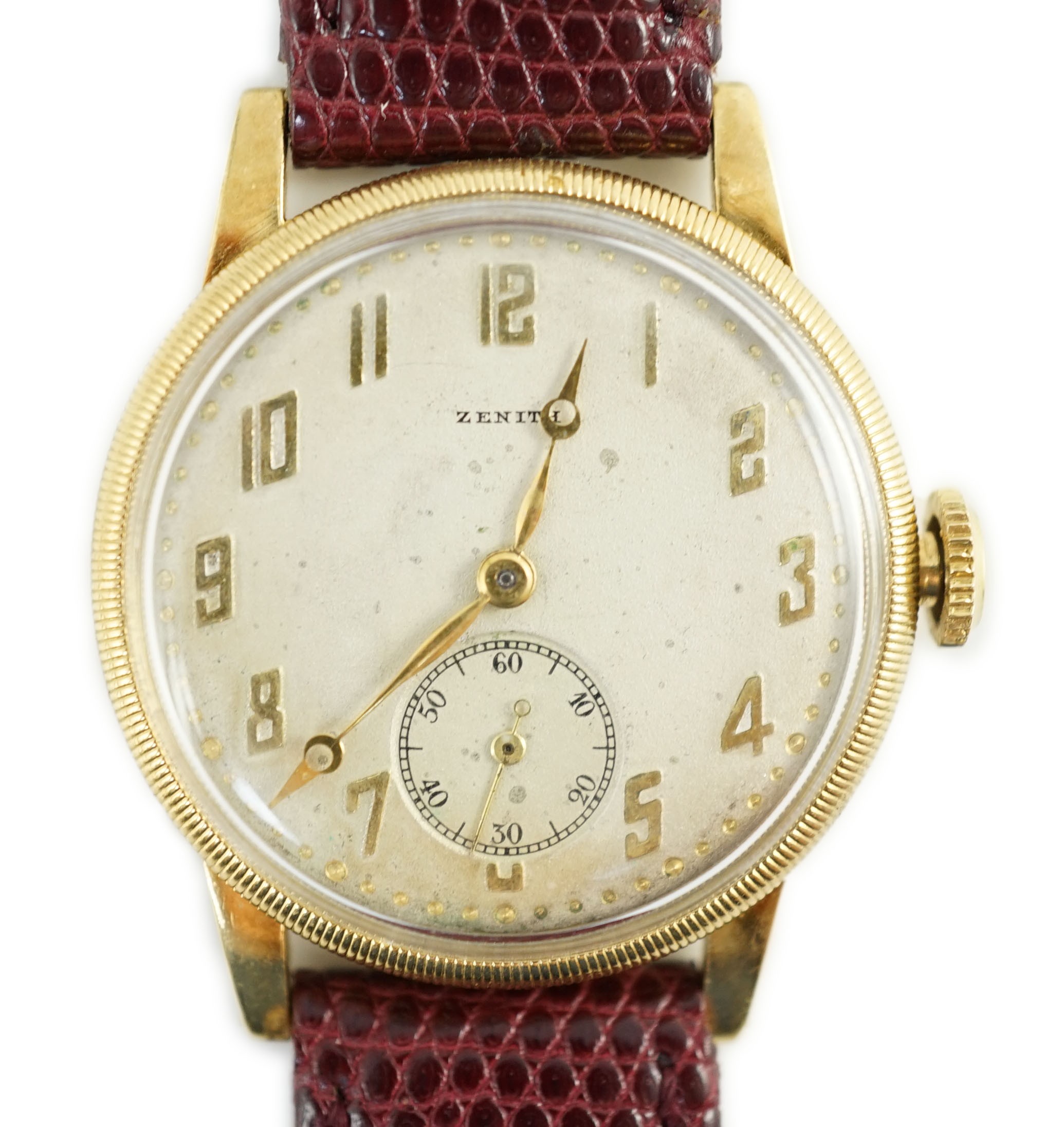 A gentleman's 18ct gold Zenith manual wind wrist watch, on associated leather strap